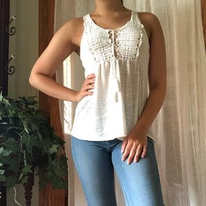 white crochet racer back flowy tank top